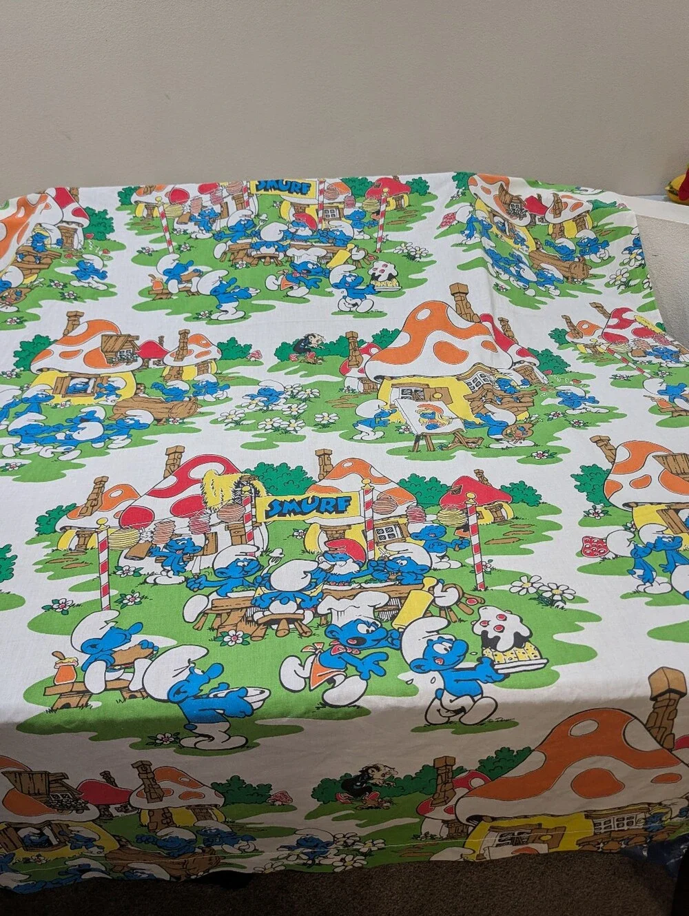 Vintage Smurf Village Twin Flat Sheet